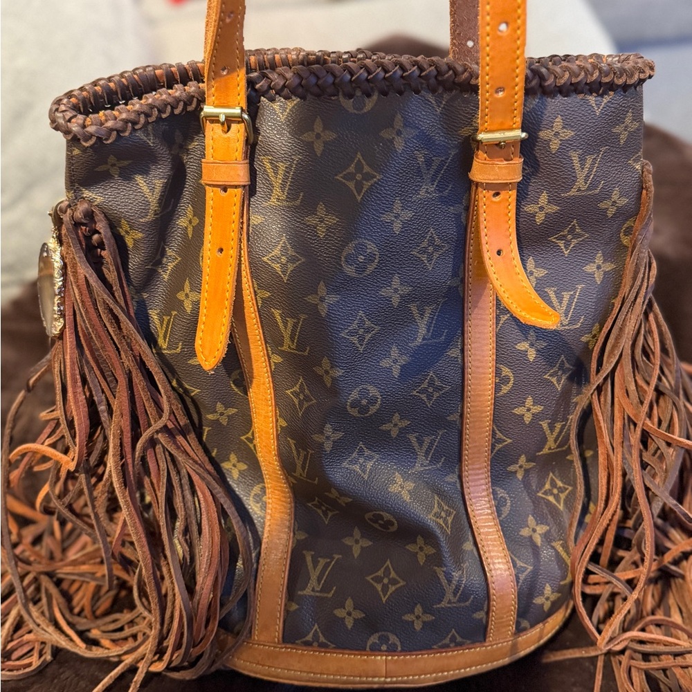 Luxury Brown and Tan Monogram Fringe Shoulder Bag - Picture 3 of 9